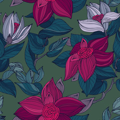 Dark pink, turquoise, gray and green seamless vintage floral pattern