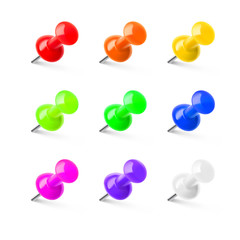 Set of colorful push pins. Thumbtacks ready for your design. Vector illustration isolated on white background. EPS10.