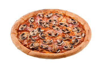 Delicious classic italian Pizza Carbonara with ham, tomatoes, mushrooms and cheese