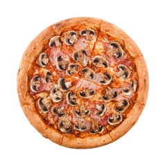 Delicious classic italian Pizza Carbonara with ham, tomatoes, mushrooms and cheese