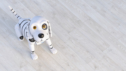 Portrait of robot dog sitting on wooden floor, d rendering