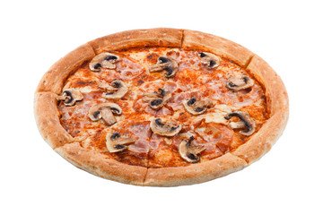 Delicious classic italian Pizza Carbonara with ham, tomatoes, mushrooms and cheese