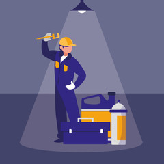 mechanic worker with toolbox and extinguisher