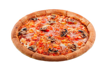 Delicious classic italian Pizza Carbonara with ham, paprika, mushrooms and cheese