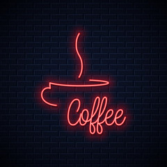 Coffee cup neon sign. Coffee neon lettering