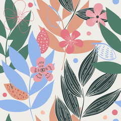 Seamless simple floral texture with hand-painted leaves of tropical plants.