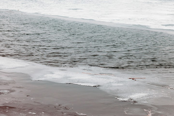 Winter scene showing thin ice and fresh snow at the side of a fast flowing river, danger in spring