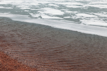 Winter scene showing thin ice and fresh snow at the side of a fast flowing river, danger in spring