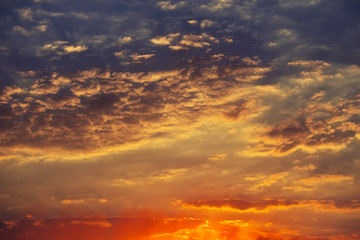 Beautiful fiery, blue, orange and red, sunset sky. Evening Magic Scene. Composition of nature