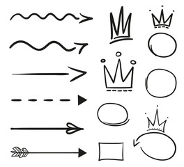 Infographic elements on isolated white background. Hand drawn simple arrows and crowns. Line art. Set of different shapes. Abstract indicators. Black and white illustration. Doodles for artwork