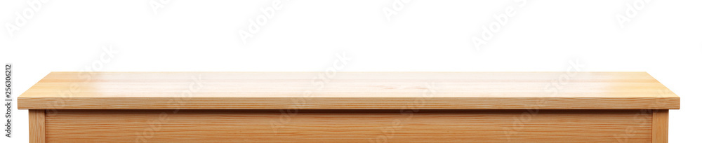 Poster long pine wood tabletop isolated on white background, useful for display or product montage, 3d rend