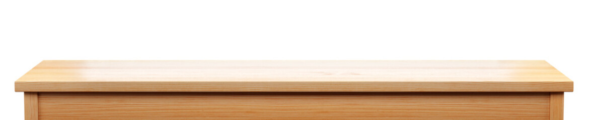 long pine wood tabletop isolated on white background, useful for display or product montage, 3d rendering