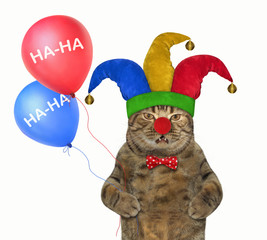 The cute cat in a jester hat holds two color balloons. April fools day. White background. Isolated.