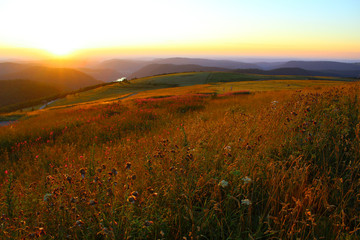coucher de soleil sur la montagne vosgienne depuis le sommet du hohneck - obrazy, fototapety, plakaty