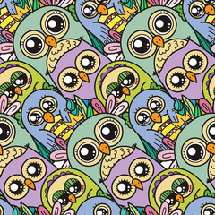 Seamless pattern with cute cartoon owls and furry owlets in pastel colors.