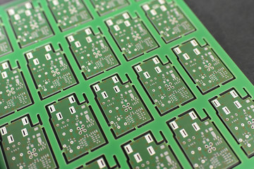 Close-up of circuit boards in an electronics factory