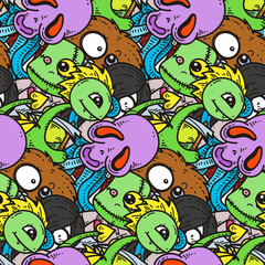 Obraz premium Seamless pattern with cute cartoon monsters. Ready for packaging, wrapping paper, prints, wallpaper, fabric, textile, fashion, home decor, etc.