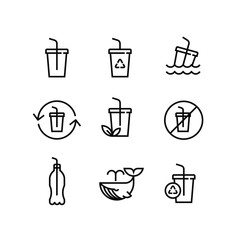  Prohibition Plastic Straw Bottle Eco Icon Set