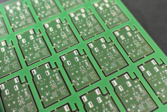 Close-up of circuit boards in an electronics factory