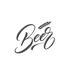 Beer. Beer lettering and wheat ears. Brewery or beer brand label emblem design.