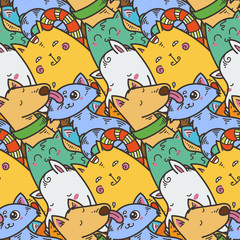 Seamless pattern with cute domestic animals. Kawaii doodle pets