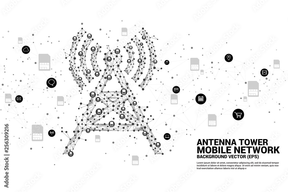 Poster Antenna Tower icon polygon style from dot and line connection with sim card icon. Concept of telecommunication mobile and data technology