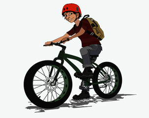 teen boy on bike with backpack and bicycle helmet, stylized image