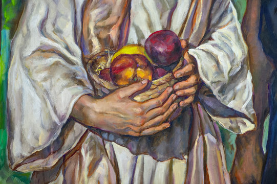 oil painting on canvas hands with fruit basket.