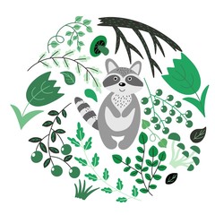 Floral illustration with a raccoon