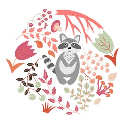 Floral illustration with a raccoon