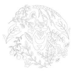 Floral illustration with a raccoon