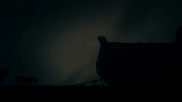 Lion and Lioness Walking to Noah Ark in the beginning of the great flood