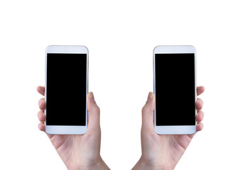 Woman hand holding smartphone isolated on white background. 