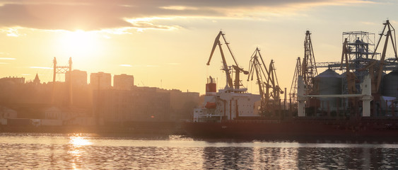 Loading grain to the ship in the port. Panoramic view of the ship, cranes, and other...