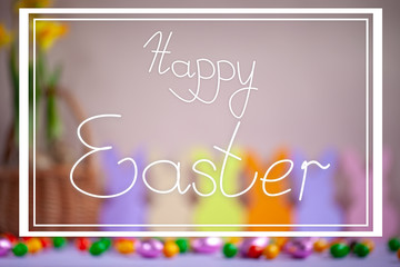 Blured holiday easter background with text Happy Easter.