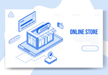 Digital isometric design concept set of online store app 3d icons.Isometric business finance symbols-store shop,bank card,five stars,geo tag,thumb up icons on landing page banner web online concept