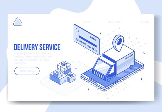 Digital isometric design concept set of delivery service app 3d icons.Isometric business finance symbols-truck car,bank card,package boxes,geo tag on landing page banner web online concept
