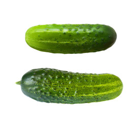 Two fresh whole cucumbers isolated on white background. Set of vegetables.