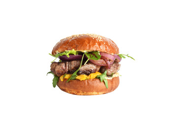 Medium Rare Steak burger isolated on white