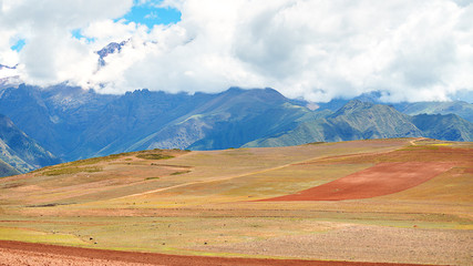 Panoramic View of landscape Maras far from Cusco, Peru.