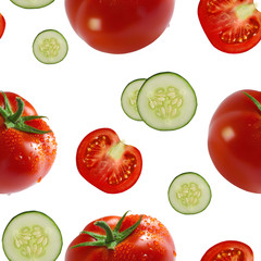 Seamless pattern with whole tomatoes in drops of water and slices of cucumbers and tomatoes isolated on white background. Image with vegetables for packaging.