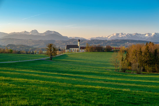 Germany, Bavaria, Upper Bavaria, Oberland, Mangfall Mountains, View of St Marinus and Anian pilgrimage church in the morning light