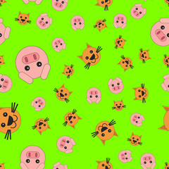 Seamless pattern of cat and pig heads