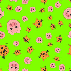 Naklejka premium Seamless pattern of cat and pig heads