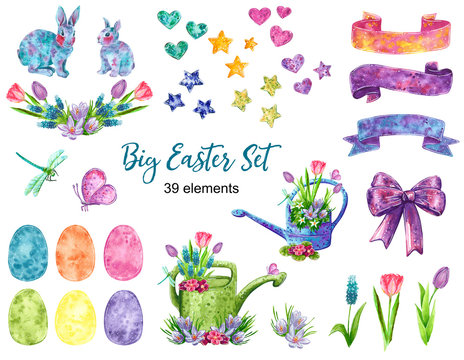 Easter clip art set with flowers, colorful eggs, purple ribbon, bands, hearts, stars, butterfly, dragonfly and easter bunnies, hand drawn watercolor illustration on white. Including spring bouquets.