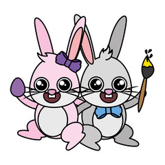 beautiful rabbits couple with egg and paintbrush