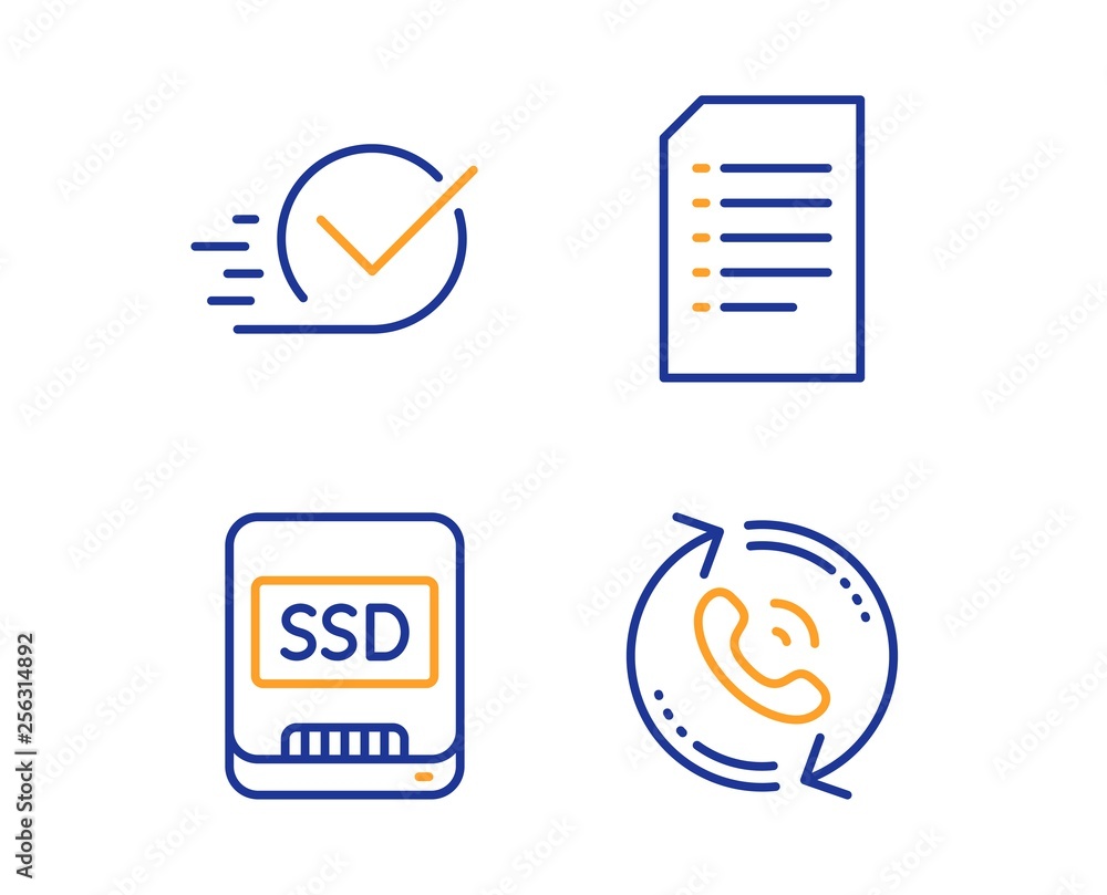 Poster ssd, checkbox and document icons simple set. call center sign. memory disk, approved, information fi