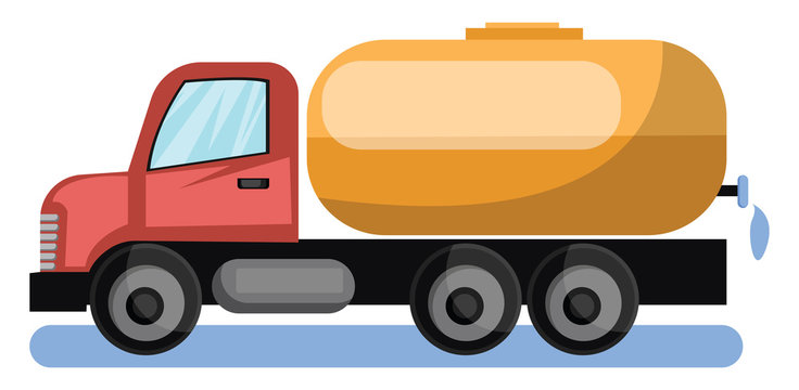 Vector Illustration Of Red Water Tanker Truck With Yellow Cistern White Background.