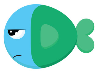 Angry blue fish with green tail, vector color illustration.