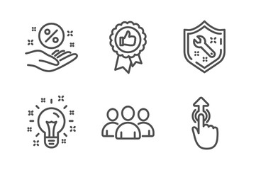 Positive feedback, Loan percent and Group icons simple set. Idea, Spanner and Swipe up signs. Award medal, Discount hand. Business set. Line positive feedback icon. Editable stroke. Vector